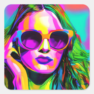 Hübsche Frau in Sonnenbrille Einzigartige Moderne Quadratischer Aufkleber