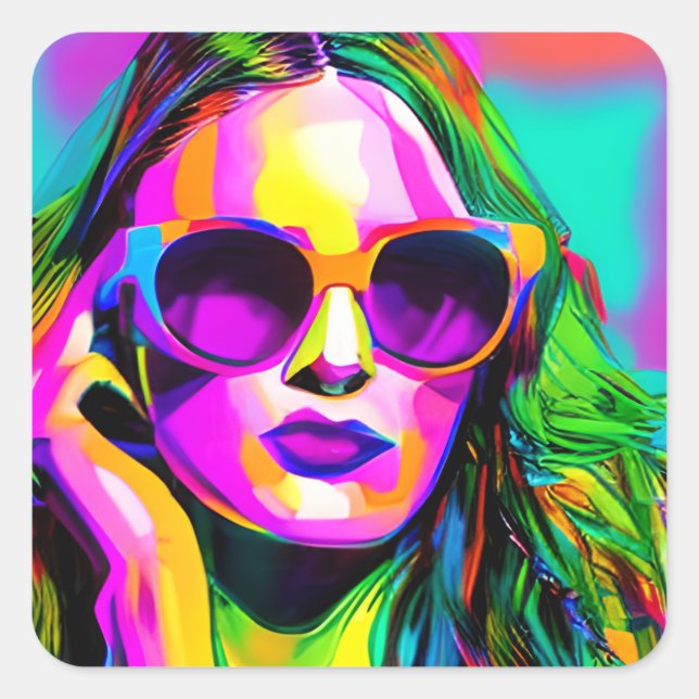 Hübsche Frau in Sonnenbrille Einzigartige Moderne  Quadratischer Aufkleber (Vorderseite)