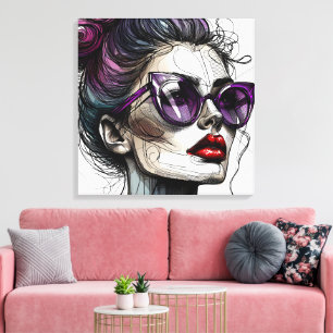 Hübsche Frau in Sonnenbrille und Lila Lipstick Leinwanddruck