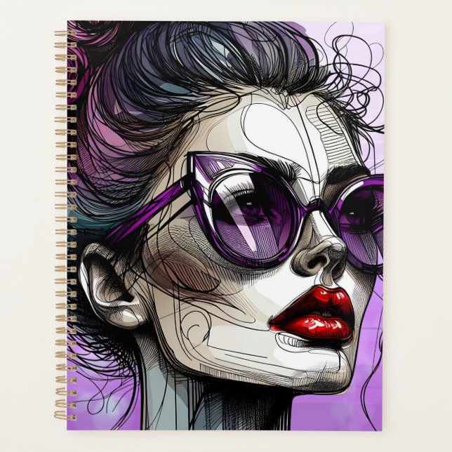 Hübsche Frau in Sonnenbrille und Lila Lipstick Planer (Vorderseite)
