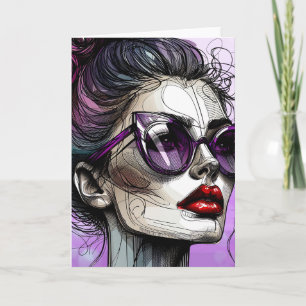 Hübsche Frau in Sonnenbrille und Purple-Sonnenbril Karte