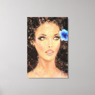 Hübsche Frau mit blauer Blume - Originalgemälde Leinwanddruck