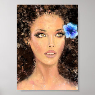 Hübsche Frau mit blauer Blume - Originalgemälde Poster