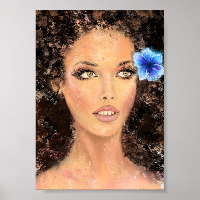 Hübsche Frau mit blauer Blume - Originalgemälde Poster (Vorne)