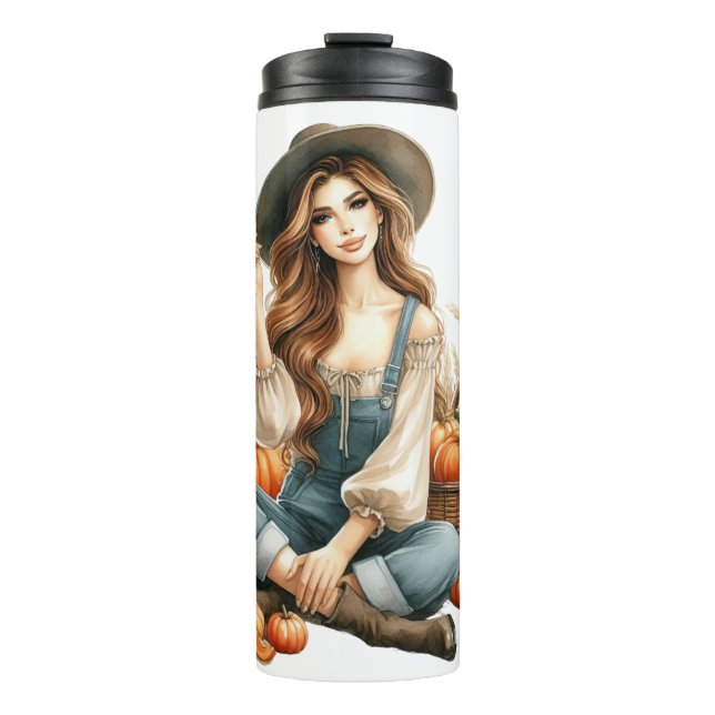 HÜBSCHE FRAU MIT BROWNEN HAAR & FALL PUMPKINS THERMOSBECHER (Vorderseite)