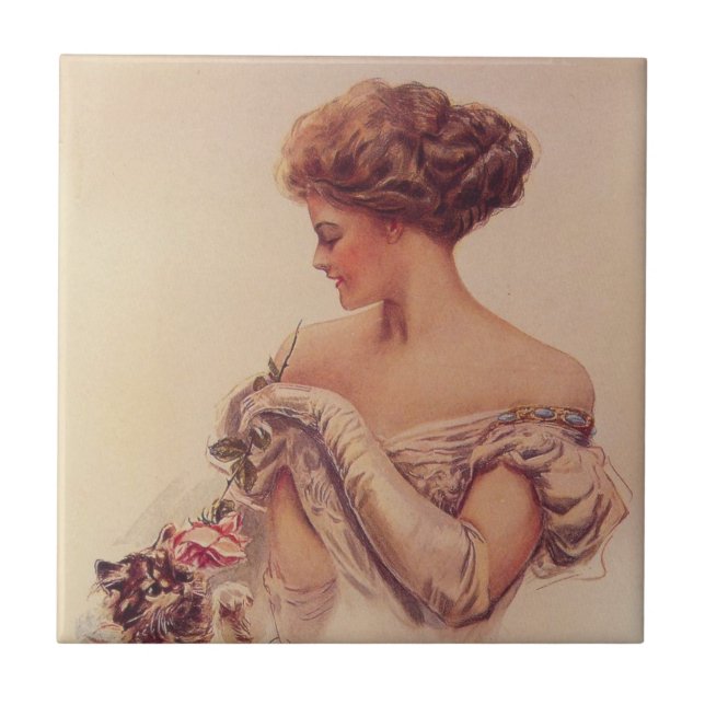 Hübsche Frau mit einem Kitten (von Harrison Fisher Fliese (Vorderseite)