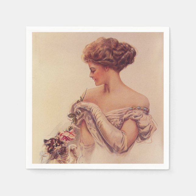 Hübsche Frau mit einem Kitten (von Harrison Fisher Serviette (Vorderseite)