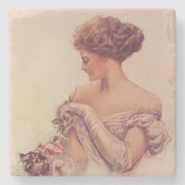 Hübsche Frau mit einem Kitten (von Harrison Fisher Steinuntersetzer