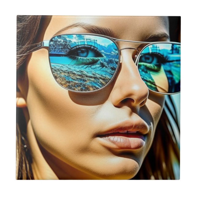 Hübsche Frau mit Reflektion der Sonnenbrille Fliese (Vorderseite)