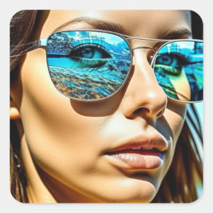 Hübsche Frau mit Reflektion der Sonnenbrille Quadratischer Aufkleber