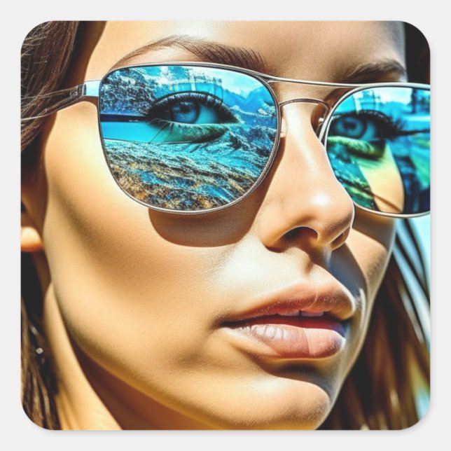 Hübsche Frau mit Reflektion der Sonnenbrille Quadratischer Aufkleber (Vorderseite)