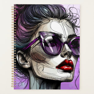 Hübsche Frau mit Sonnenbrille und lila Lippenstift Planer