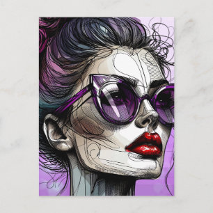 Hübsche Frau mit Sonnenbrille und violetter Sonnen Postkarte