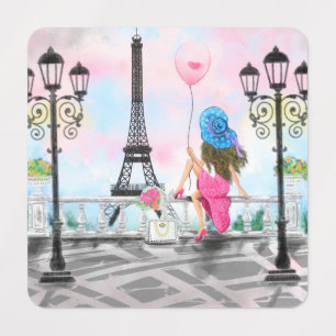 Hübsche Frau und Rosa Herzballon - I Liebe Paris Etiketten