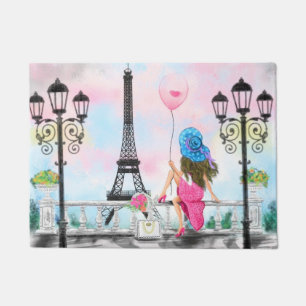 Hübsche Frau und Rosa Herzballon - I Liebe Paris Fußmatte
