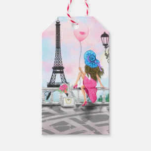 Hübsche Frau und Rosa Herzballon - I Liebe Paris Geschenkanhänger