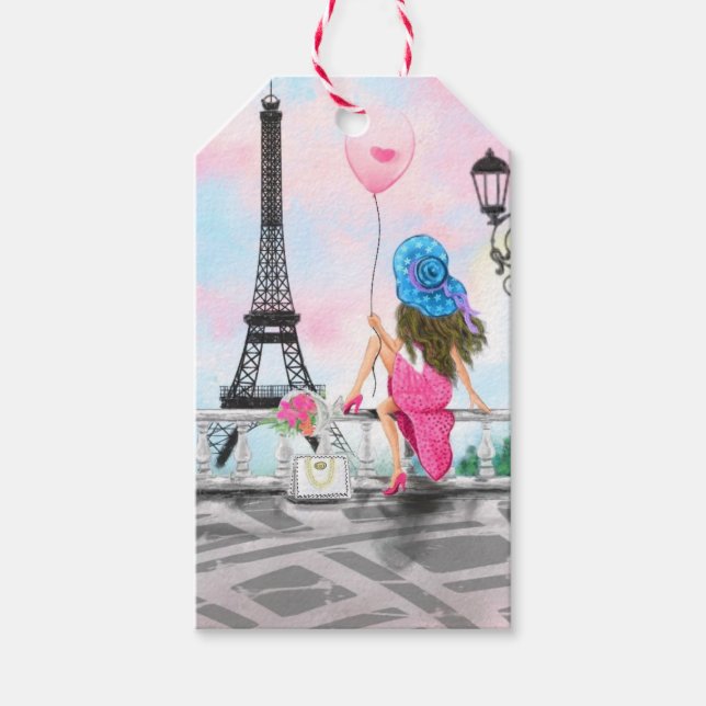 Hübsche Frau und Rosa Herzballon - I Liebe Paris Geschenkanhänger (Vorderseite)