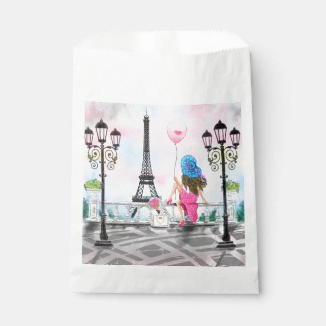 Hübsche Frau und Rosa Herzballon - I Liebe Paris Geschenktütchen (Vorderseite)