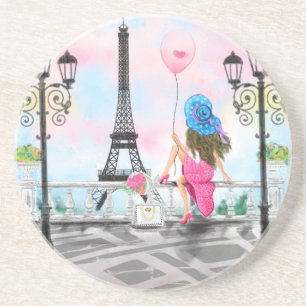 Hübsche Frau und Rosa Herzballon - I Liebe Paris Getränkeuntersetzer