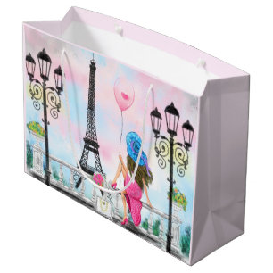 Hübsche Frau und Rosa Herzballon - I Liebe Paris Große Geschenktüte