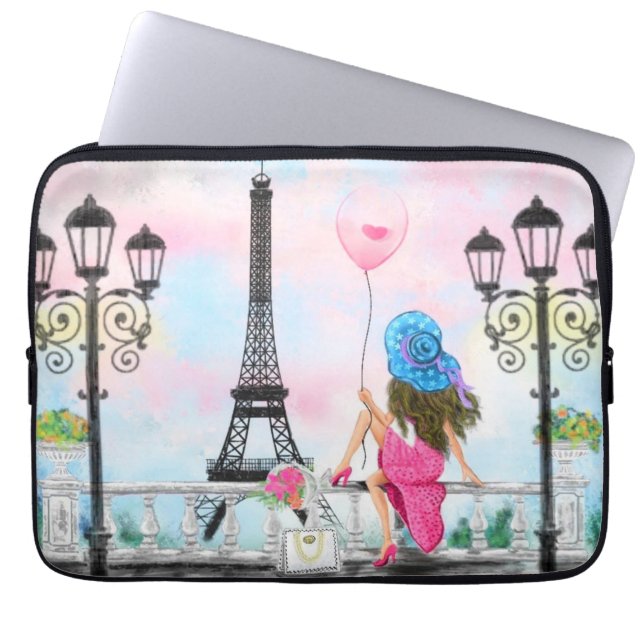 Hübsche Frau und Rosa Herzballon - I Liebe Paris Laptopschutzhülle (Vorderseite)