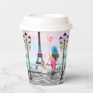 Hübsche Frau und Rosa Herzballon - I Liebe Paris Pappbecher