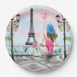 Hübsche Frau und Rosa Herzballon - I Liebe Paris Pappteller