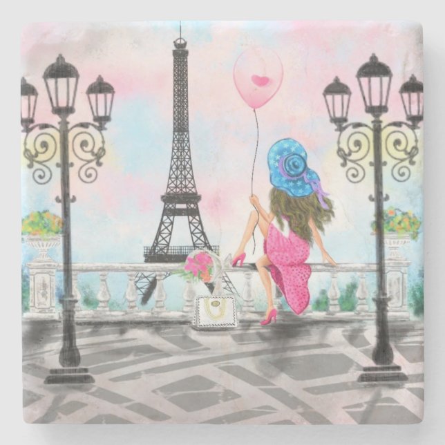 Hübsche Frau und Rosa Herzballon - I Liebe Paris Steinuntersetzer (Vorderseite)