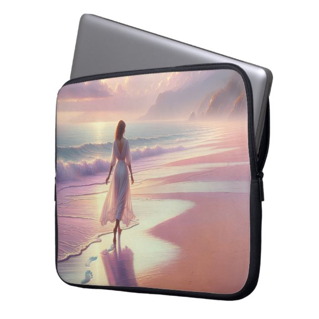 Hübsche Frauen Verließ Fußabdrücke am Strand Laptopschutzhülle (Vorderseite Links)