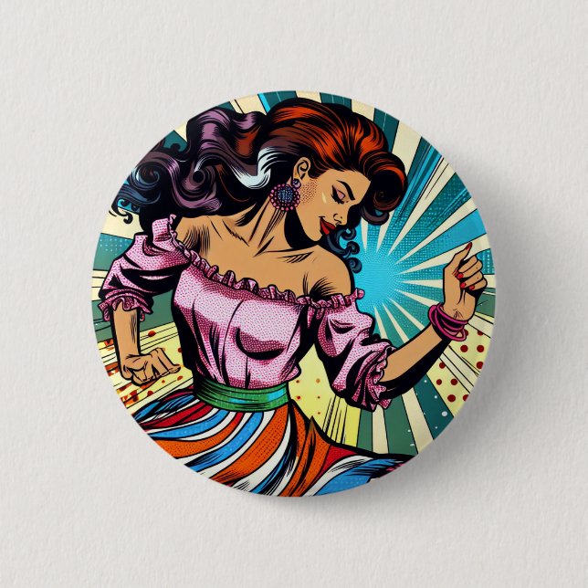 Hübsche Frauentänzerin Salsa Pop Art Button (Vorderseite)