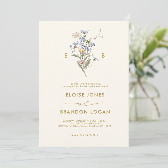 Hübsche Frühjahrs-Wildblume Meadow Gold-Hochzeit Einladung (Stehend Vorderseite)