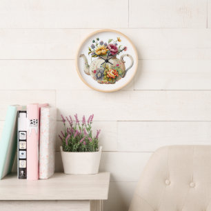 Hübsche Frühlingsblumen Elegante Teekanne Uhr