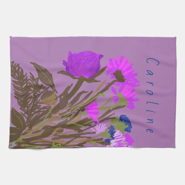 Hübsche Frühlingsblumen und Individuelle Name Geschirrtuch (Horizontal)