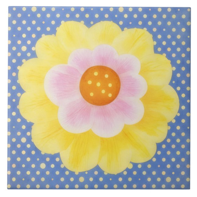Hübsche gelbe Blume auf blauer dekorativer Fliese (Vorderseite)
