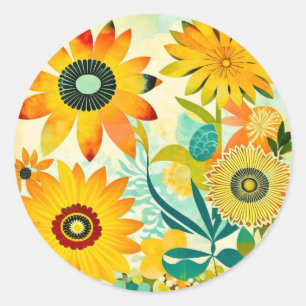 Hübsche gelbe Blumen Whimsical Folk Art Runder Aufkleber