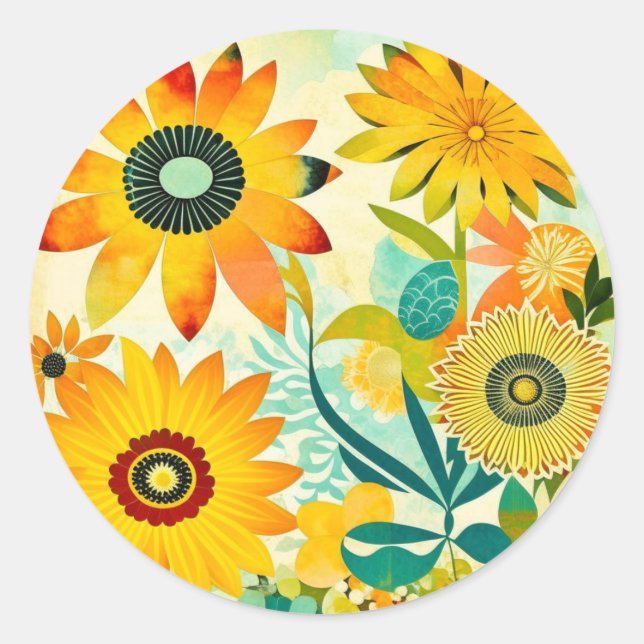 Hübsche gelbe Blumen Whimsical Folk Art Runder Aufkleber (Vorderseite)