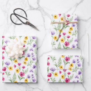 Hübsche gelbe, violette, rosa florale Wasserfarbe Geschenkpapier Set