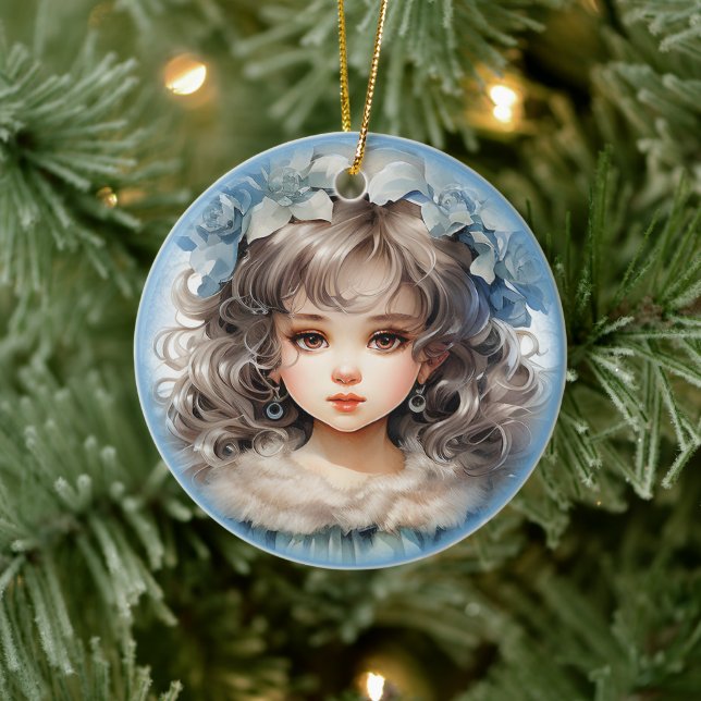 Hübsche Girl Doll Altes Portrait und Blume Keramik Ornament (Baum)