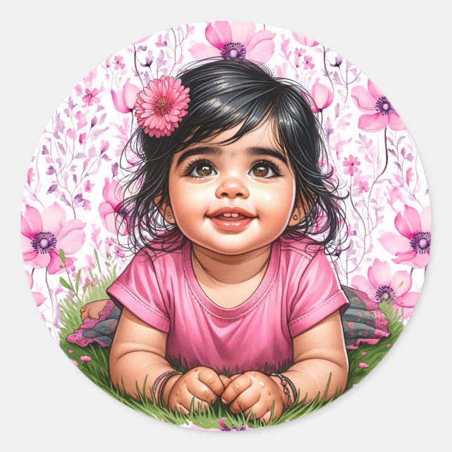 Hübsche Girl's Floral Pink Babydusche Runder Aufkleber (Vorderseite)