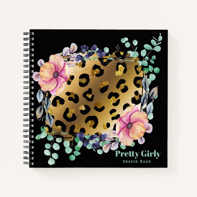 Hübsche Girly Animal Print Gold Glitzer Zeichnend Notizbuch (Vorderseite)
