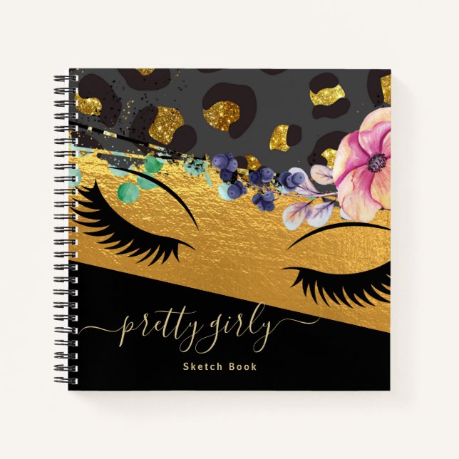 Hübsche Girly Animal Print Gold Glitzer Zeichnend Notizbuch (Vorderseite)
