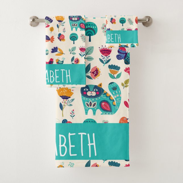 Hübsche Girly Cats Folk Art Add NAME Badhandtuch Set (Insitu)