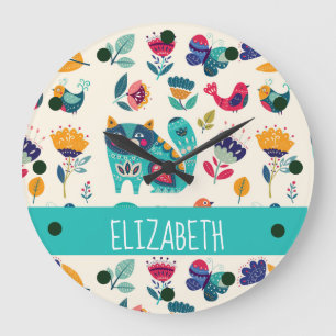 Hübsche Girly Cats Folk Art Add NAME Große Wanduhr