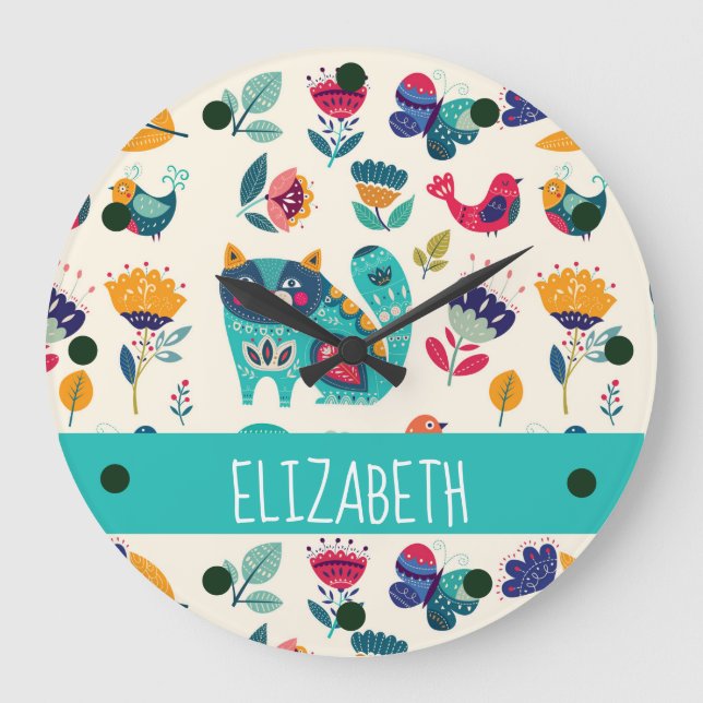 Hübsche Girly Cats Folk Art Add NAME Große Wanduhr (Vorderseite)
