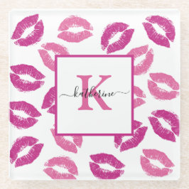 Hübsche Girly Hot Pink Lippen Kisses Monogramm Nam Glasuntersetzer