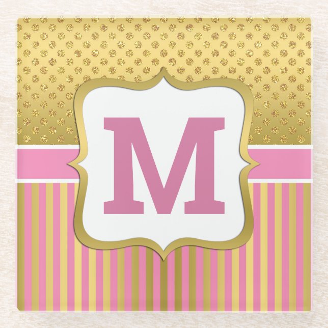 Hübsche Gold-Glitzer-Punkte und rosa Streifen Glasuntersetzer (Vorderseite)
