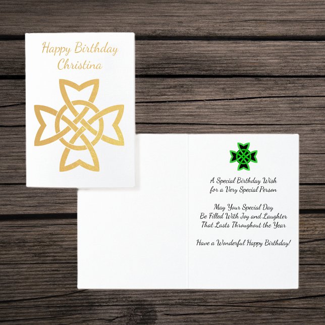Hübsche Goldforelle Irish Celtic Knot Birthday Wis Folienkarte (Gold Foil Celtic Irish knot design with green and black knot design on Happy Birthday greeting card.)