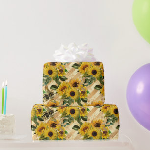 Hübsche Goldgelbe Sonnenblume Bouquet Stripe Bien Geschenkpapier