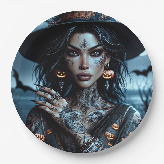 Hübsche Gotische Hexe mit Tattoos-Halloween-Party Pappteller (Vorderseite)