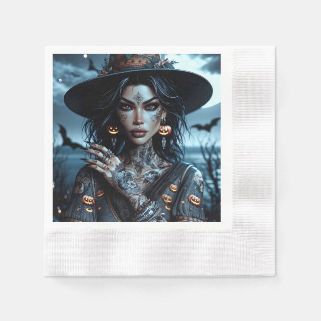 Hübsche Gotische Hexe mit Tattoos-Halloween-Party Serviette (Vorderseite)